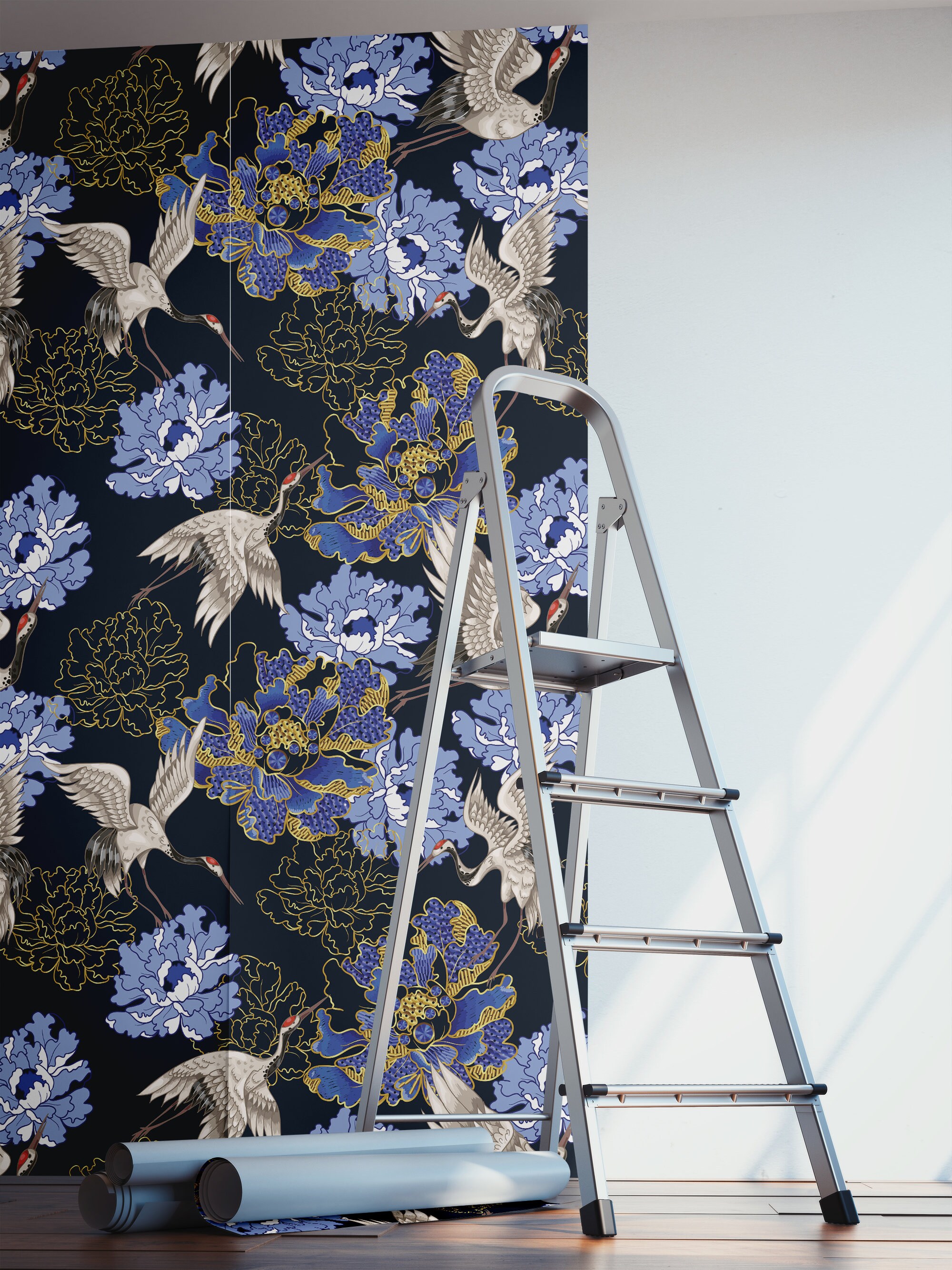 Black Wallpaper With Oriental Flower and Bird Pattern Self - Etsy
