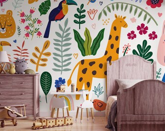 Papel tapiz de animales de la selva, animales y plantas tropicales, mural para guardería infantil • Materiales de vinilo autoadhesivos o sin pegar •