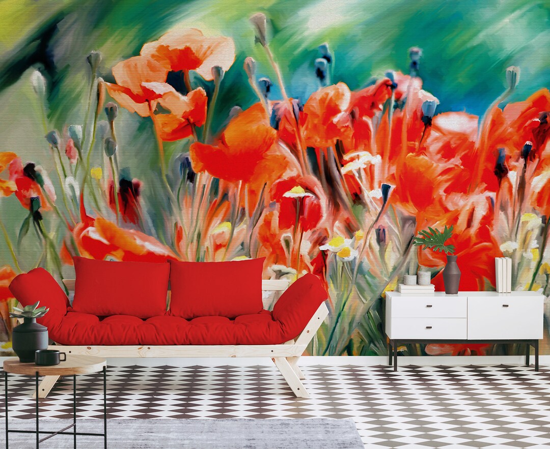 Wallpaper With Oil Painted Poppy Meadow || Peel and Stick Floral Wall ...