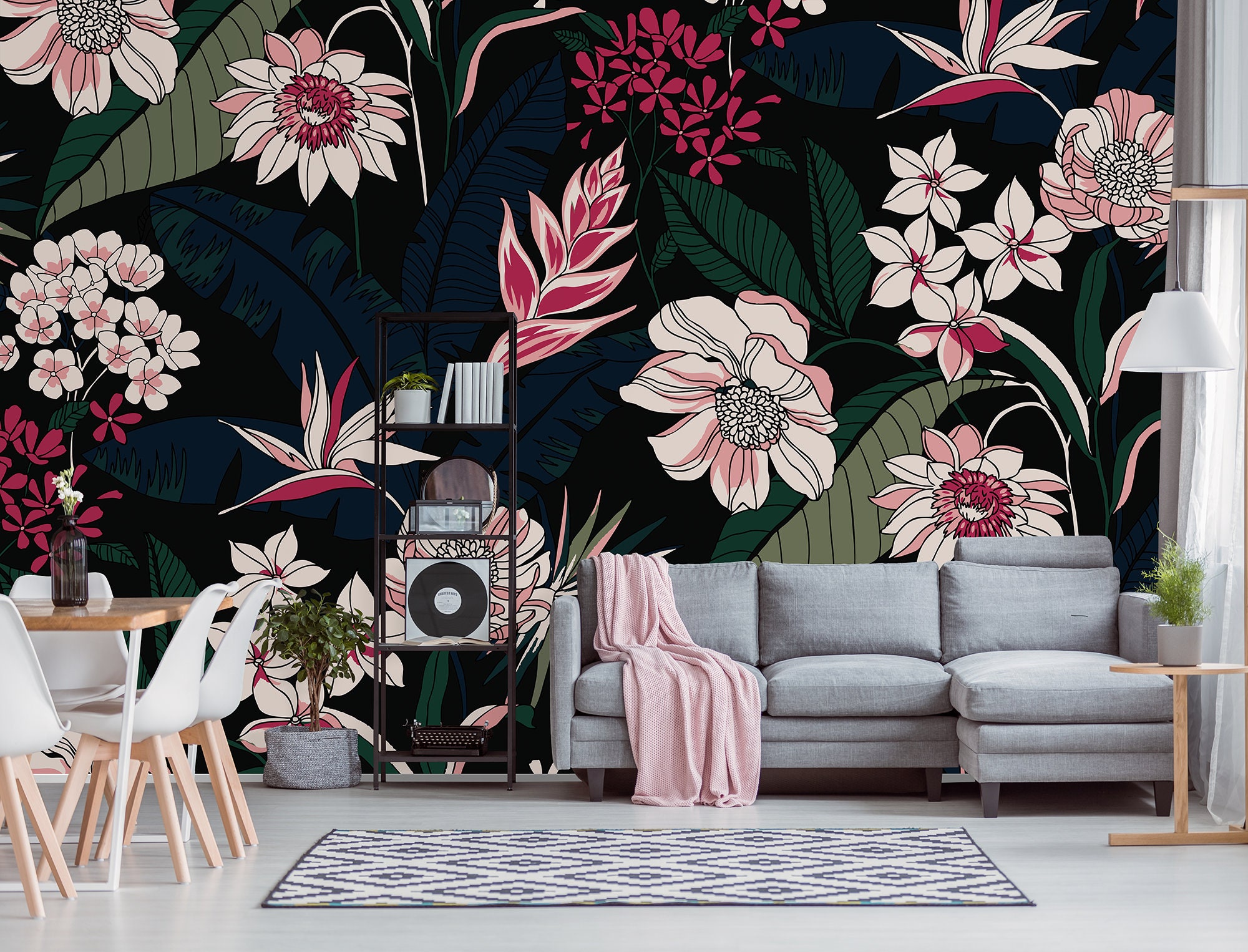 Dark Wallpaper With Exotic Leaves and Pink Flowers || Peel and Stick ...