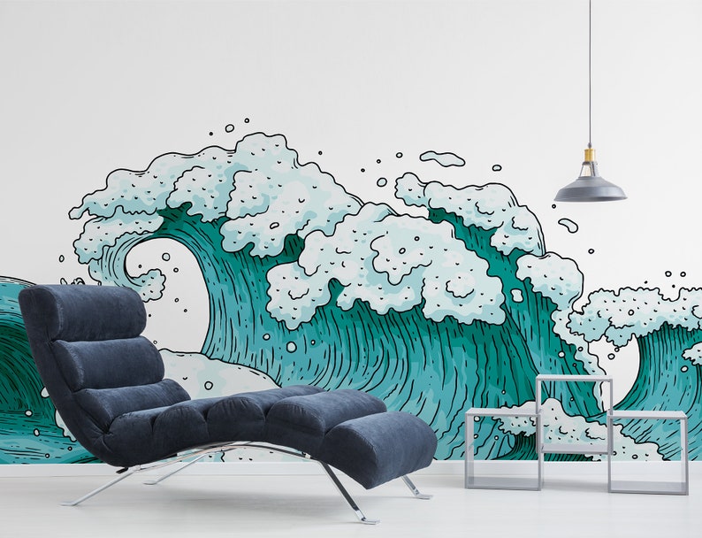 Wallpaper With Vector Sea Waves || Peel and Stick Wall Mural - Etsy