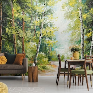 Forest Path Vintage Wallpaper, Tree Landscape, Painted Forest Wall Art Mural• Peel and Stick Self Adhesive Wallpaper• Traditional Wallpaper