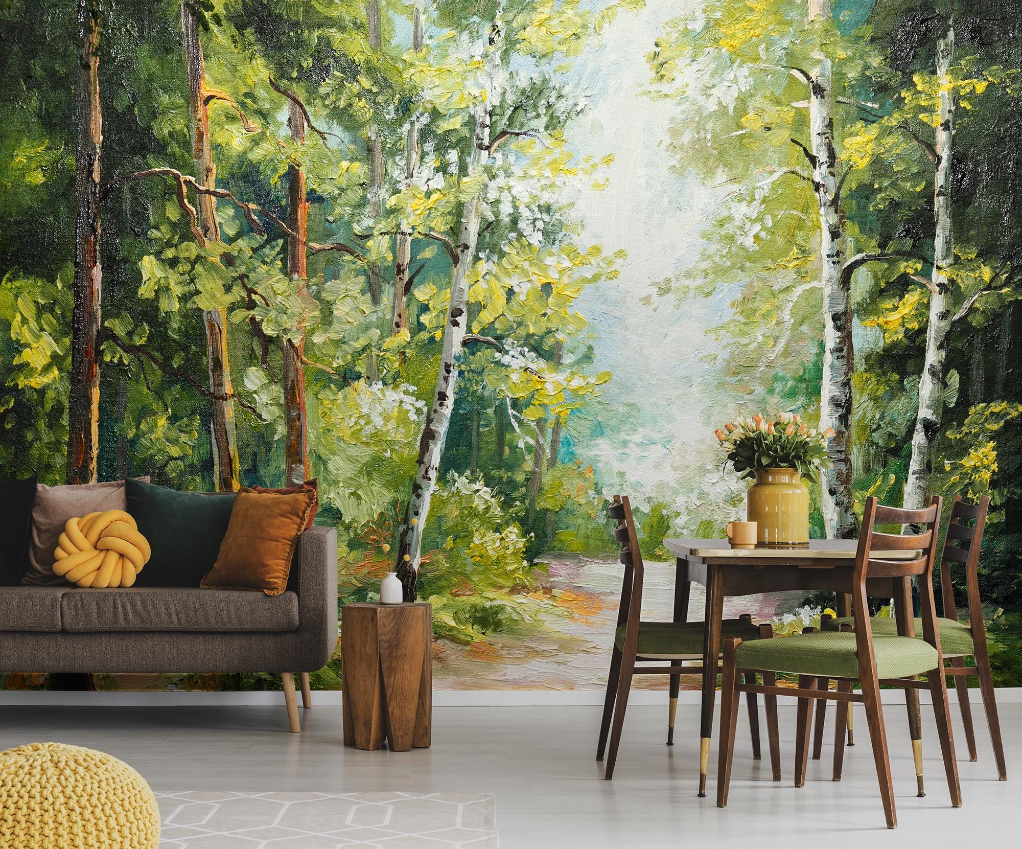 Forest Path Vintage Wallpaper, Tree Landscape, Painted Forest Wall Art ...