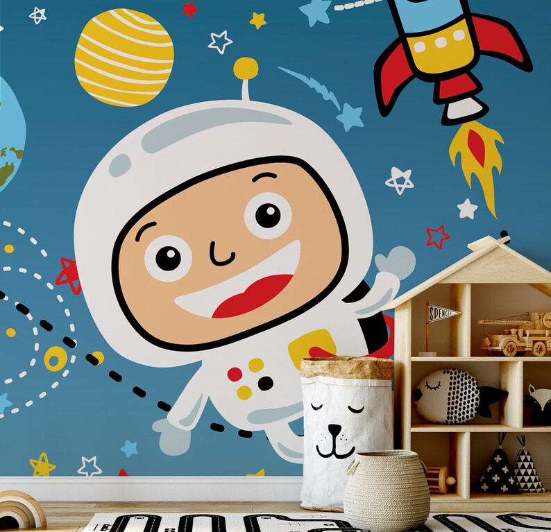 Astronaut in Space cartoon wallpaper For Kids self | Etsy