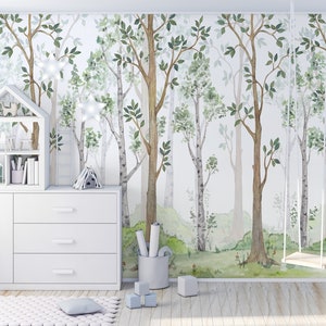 Papel pintado de bosque de dibujos animados de acuarela || Para niños, mural de pared autoadhesivo, despegable y pegado.
