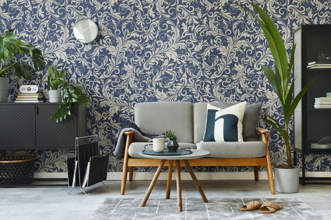 Art Deco Blue and Beige Floral Wallpaper Elegant Blue Etsy