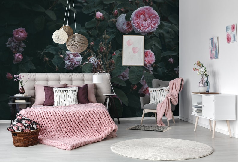 Green Vintage Wallpaper With Pink Roses Peel and Stick Etsy