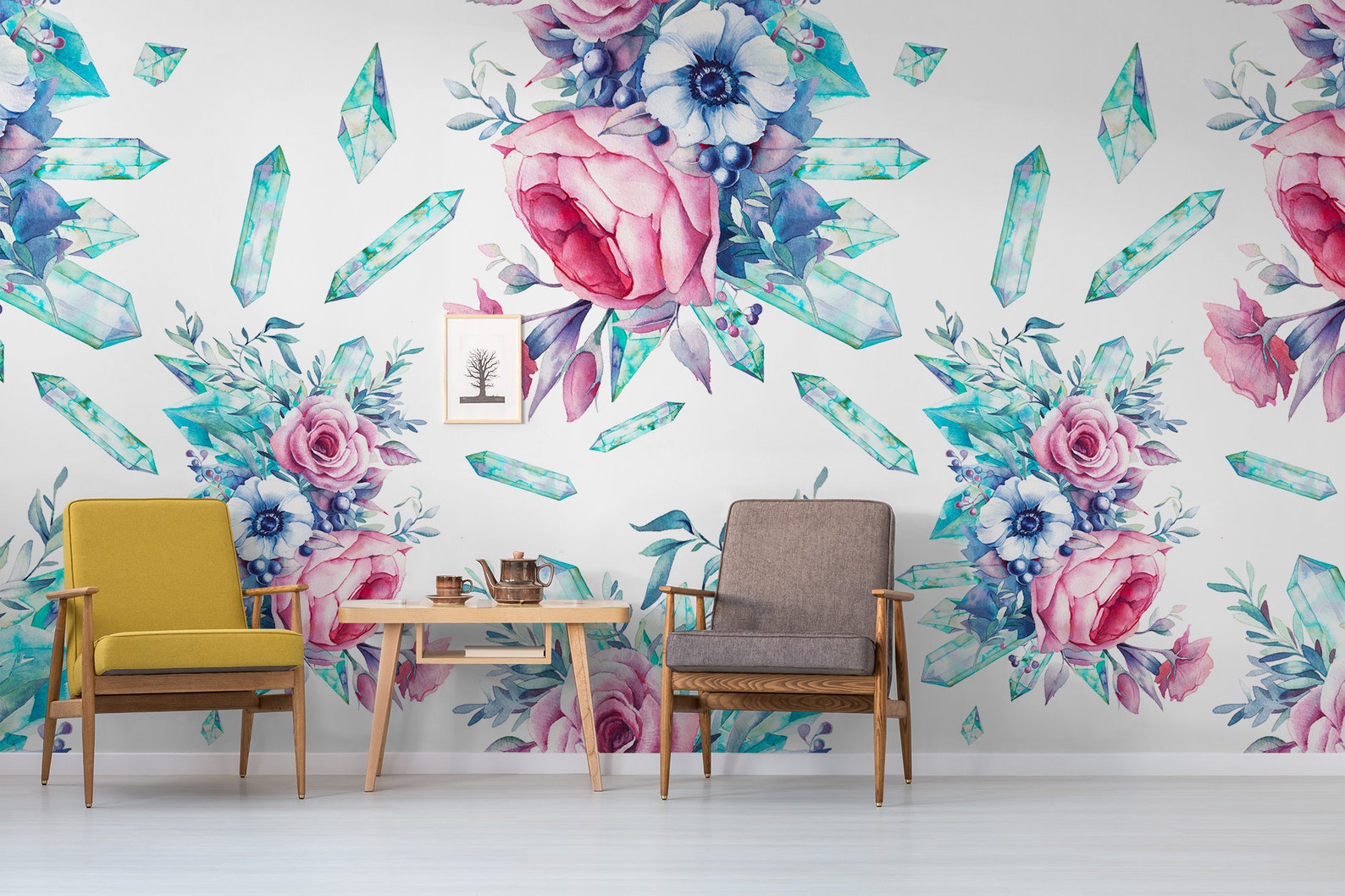 Watercolor Flowers and Gemstones Botanical Wallpaper Self - Etsy