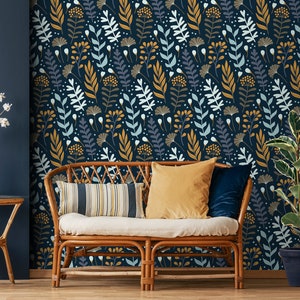 Navy wallpaper with colorful plants, self adhesive, peel and stick floral wall mural