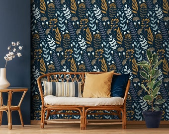 Navy wallpaper with colorful plants, self adhesive, peel and stick floral wall mural