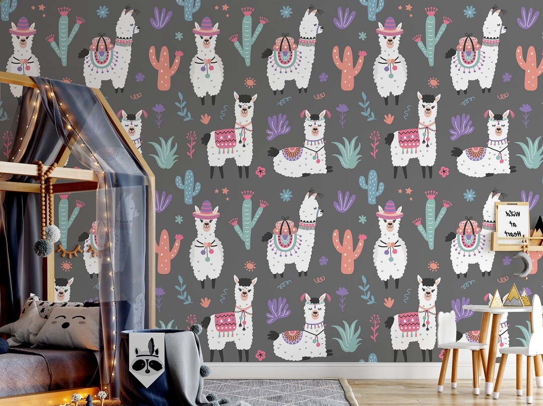 Gray Wallpaper With Alpaca Pattern for Kids Self Adhesive - Etsy
