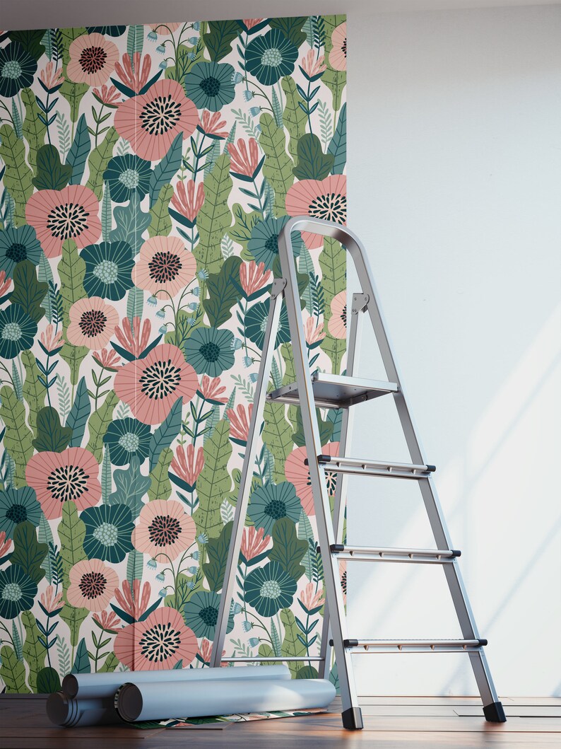 Green and Pink Cartoon Floral Wallpaper Peel and Stick | Etsy