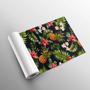 May include: A seamless pattern featuring pineapples, red and white flowers, and green leaves on a dark blue background.