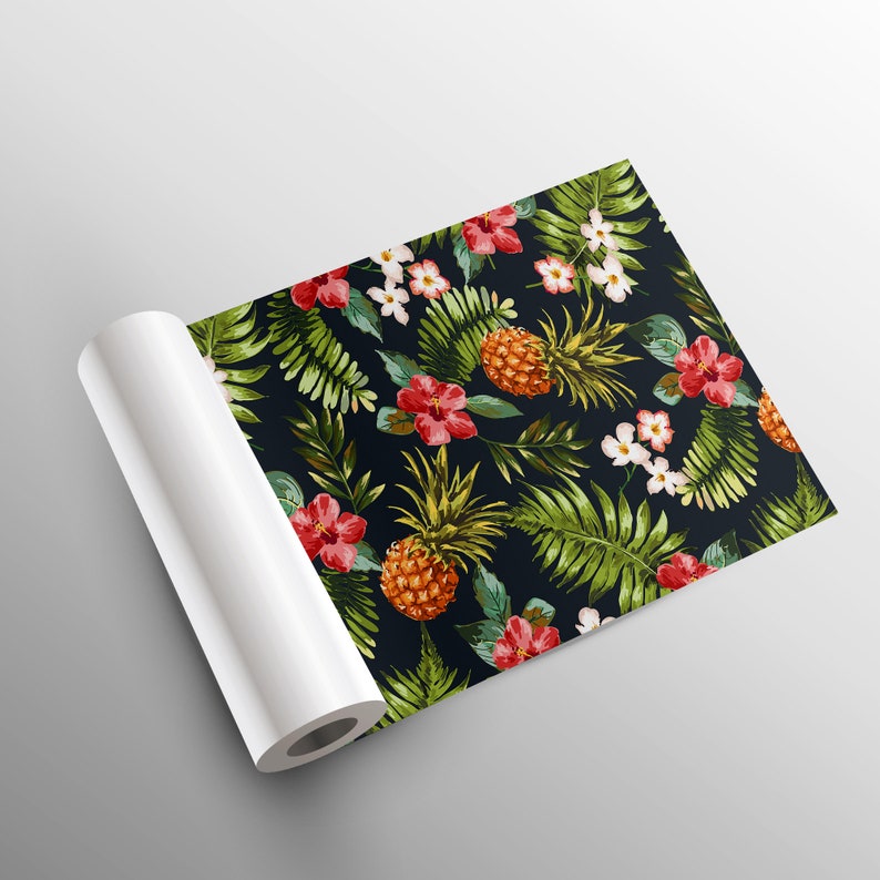 May include: A seamless pattern featuring pineapples, red and white flowers, and green leaves on a dark blue background.