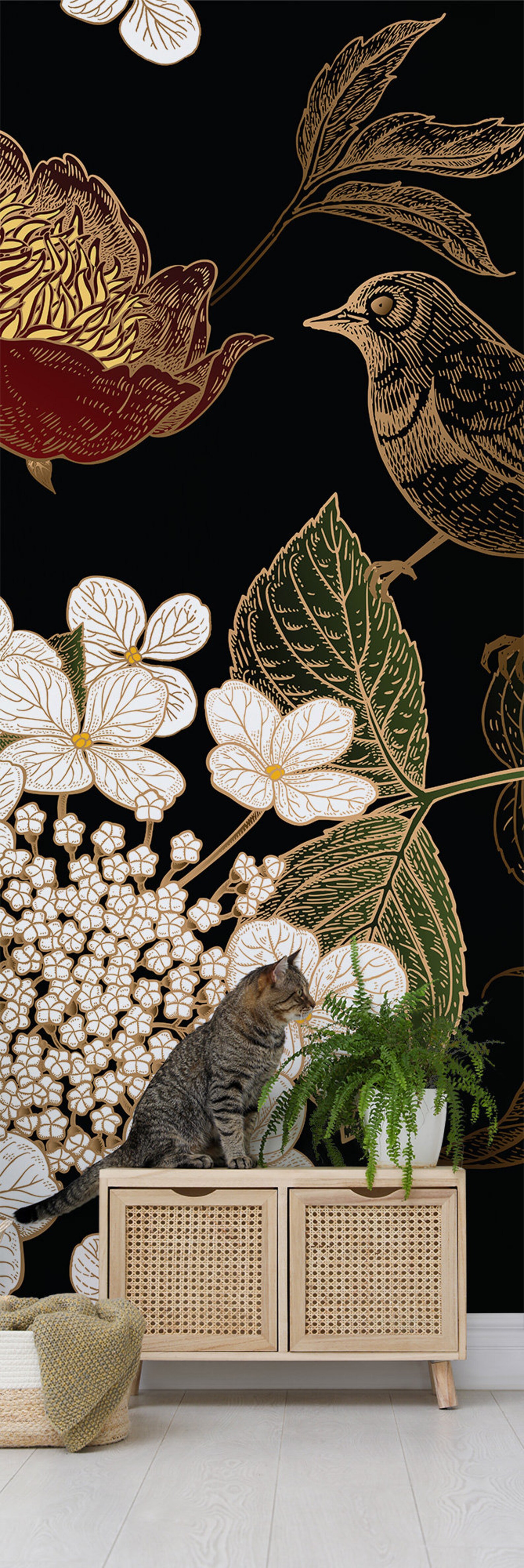 Dark Wallpaper With Peonies Hydrangea and Birds for Kids - Etsy