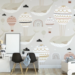 Gray wallpaper with sleeping whales and hot air balloons || For Kids, self adhesive, peel and stick wall mural