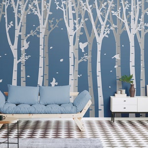 Blue wallpaper with white forest and birds, self adhesive, peel and stick wall mural