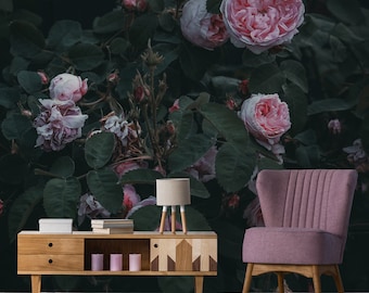 Papel pintado vintage verde con rosas rosas || Mural de pared floral autoadhesivo