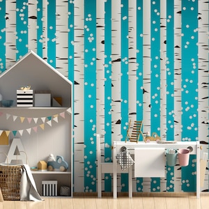 Blue wallpaper with snowy birch tree forest || For Kids, self adhesive, peel and stick wall mural