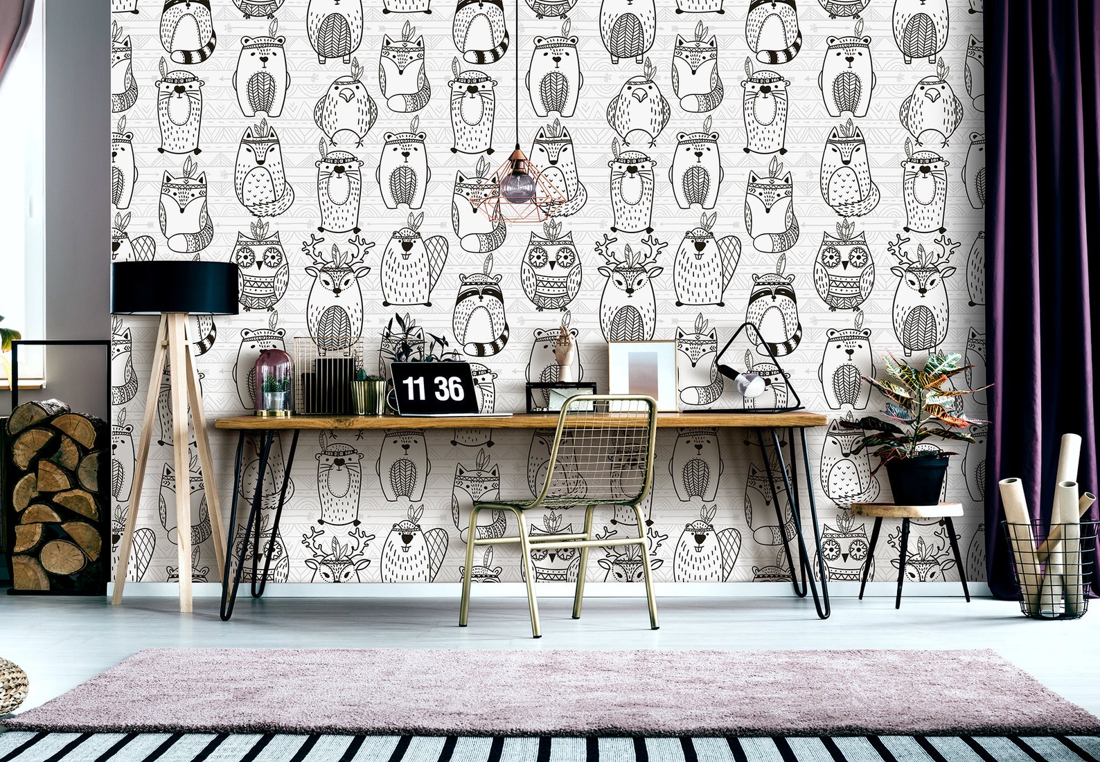 Black and White Line Art Wallpaper With Forest Animals for Etsy