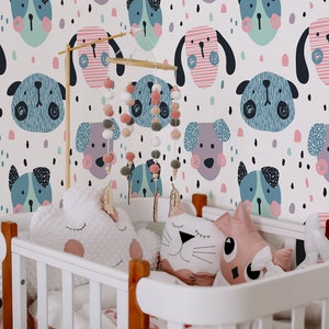 Funny colorful dog pattern wallpaper || For Kids, self adhesive, peel and stick wall mural