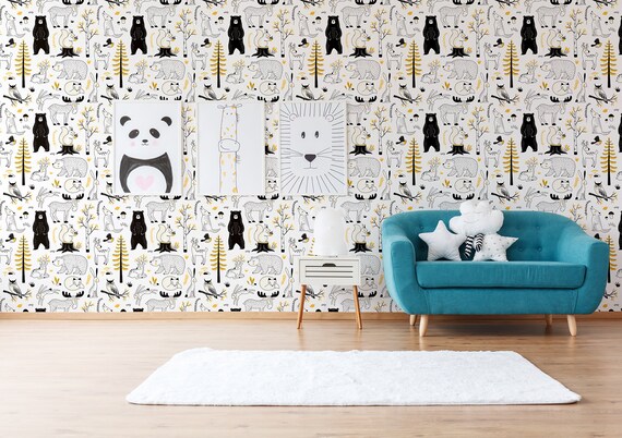 White wallpaper with forest animals pattern, self adhesive, peel and stick wall mural