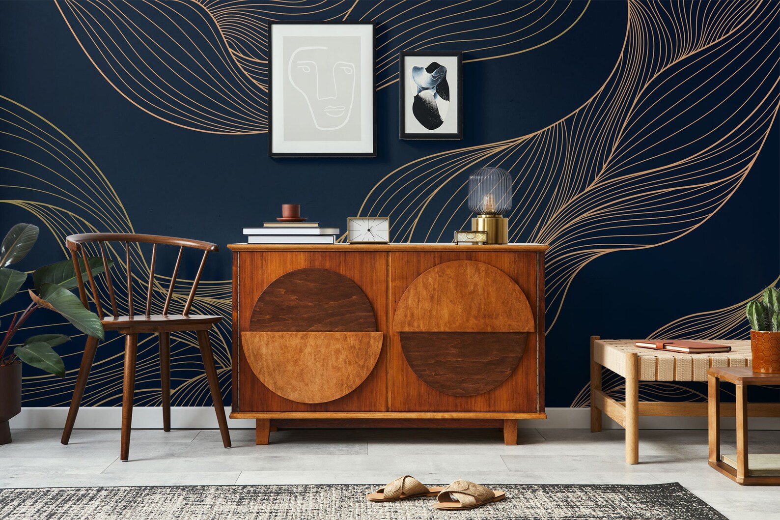 Dark Blue Art Deco Wallpaper With Abstract Yellow Wavy Pattern Etsy