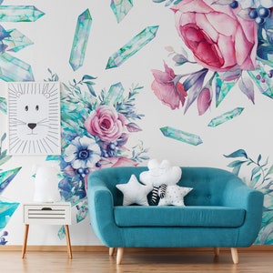Aquarellblumen und Edelsteine, botanische Tapete, selbstklebend, abnehmbar, temporäres Abziehen und Aufkleben, florales Wandbild