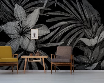 Black wallpaper with gray flowers, material texture imitation, self adhesive, peel and stick floral wall mural
