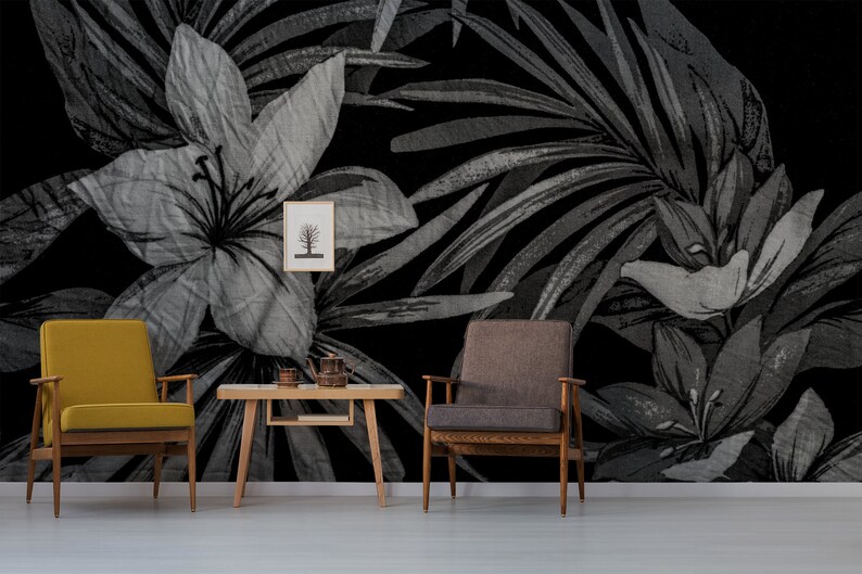 Black Wallpaper With Gray Flowers Material Texture Imitation - Etsy