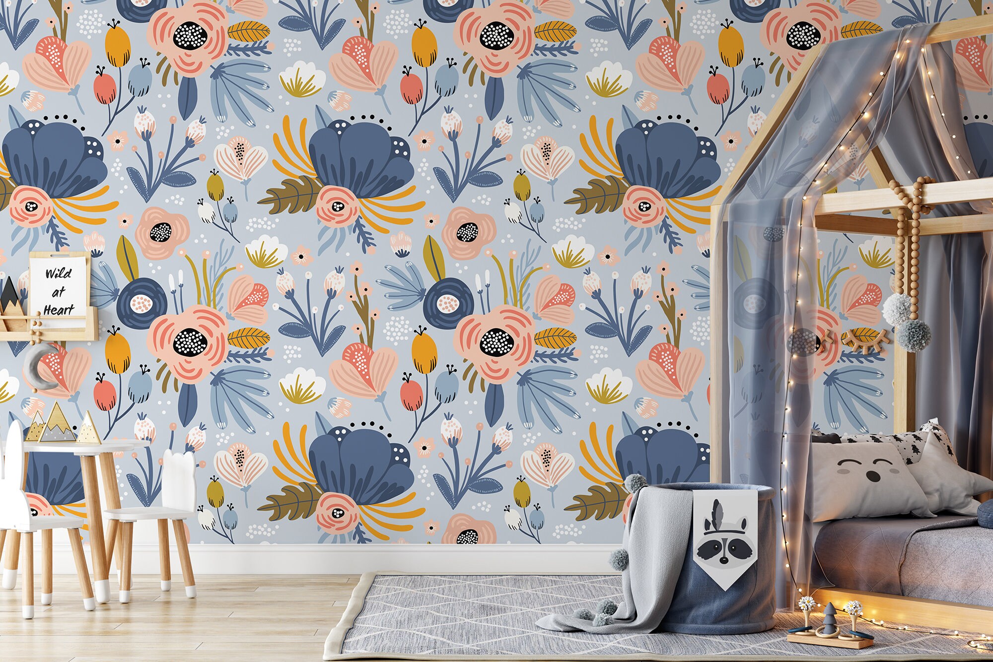 Blue Wallpaper With Colorful Cartoon Floral Pattern || for Kids, Self ...