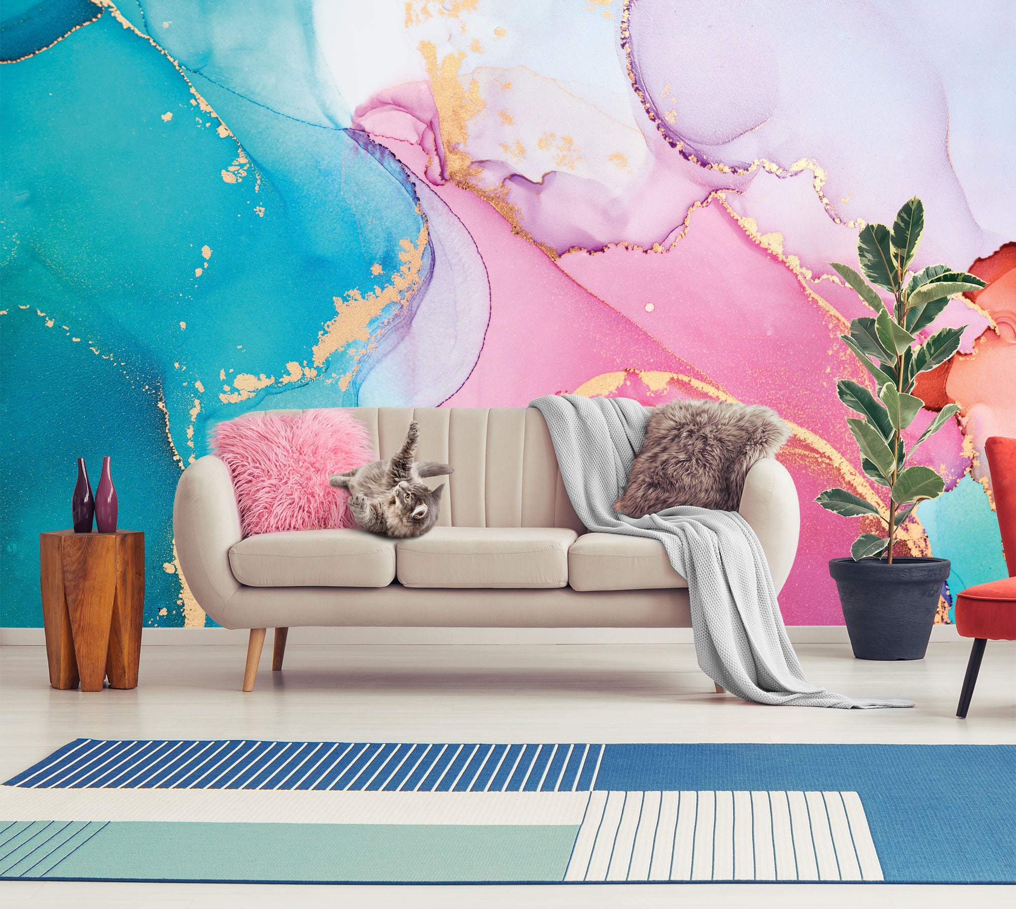 Aqua Blue \u0026 Pink Watercolor Marble Abstract Wallpaper • Peel and Stick  *self Adhesive* or Non-pasted Vinyl Materials • - Etsy, image size:2000x1790