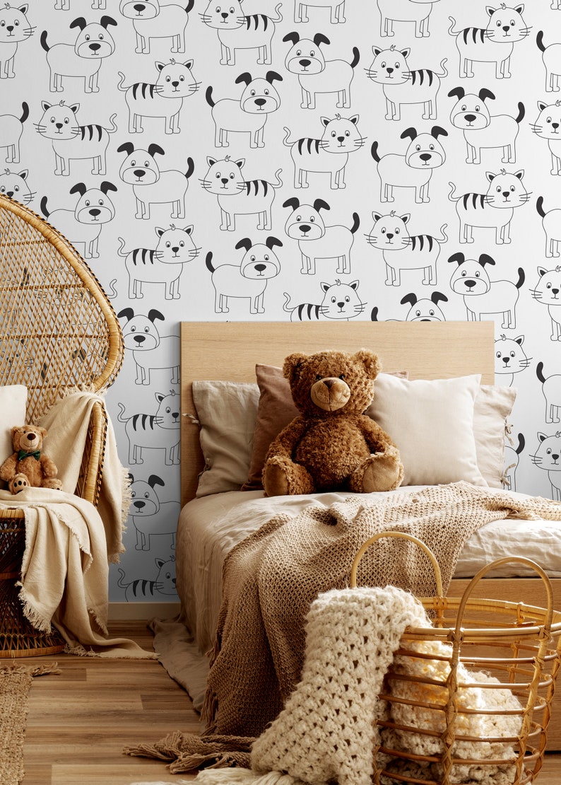 White and Black Wallpaper With Dog and Cat Pattern Wallpaper Etsy