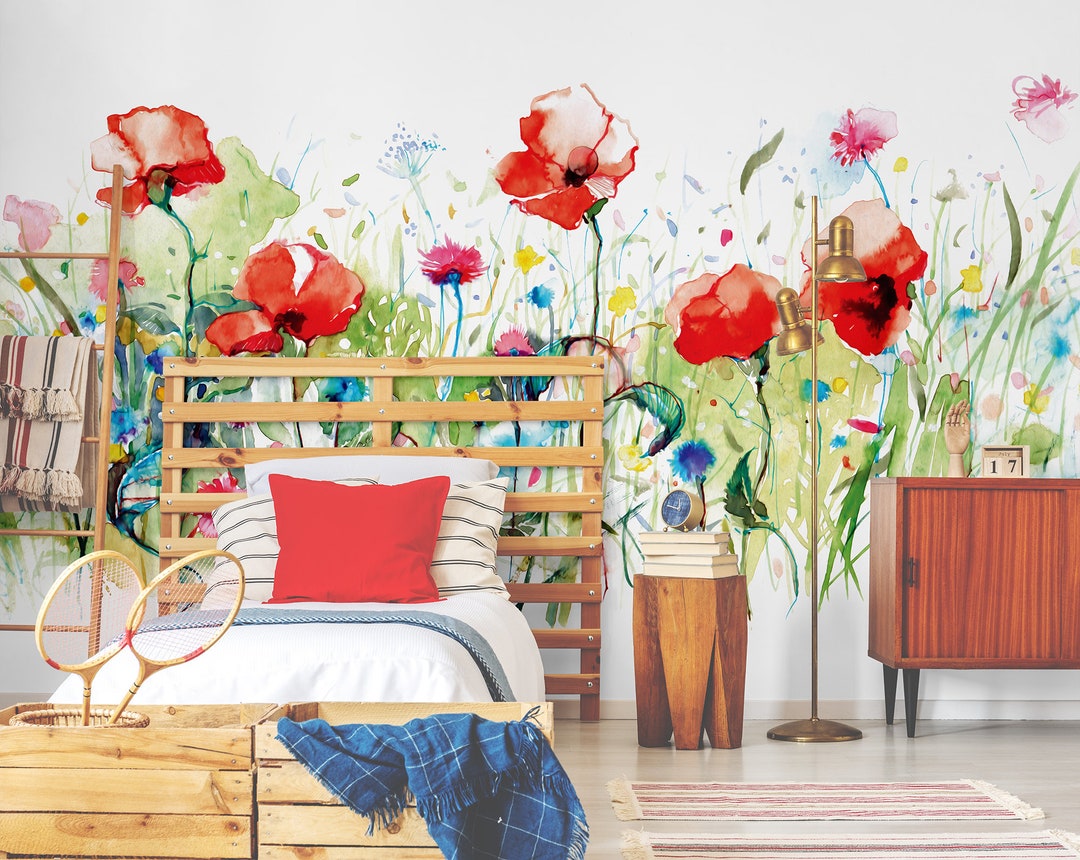 Poppy Flower Meadow Oil Painting Wallpaper || Peel and Stick Floral ...