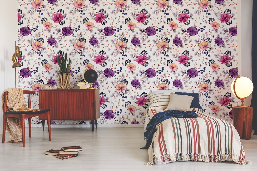 Watercolor Pattern Wallpaper With Flowers and Berries || Peel and Stick ...