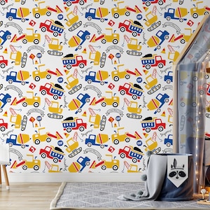 Truck and digger pattern wallpaper, Wallpaper for kids, self adhesive, peel and stick wall mural