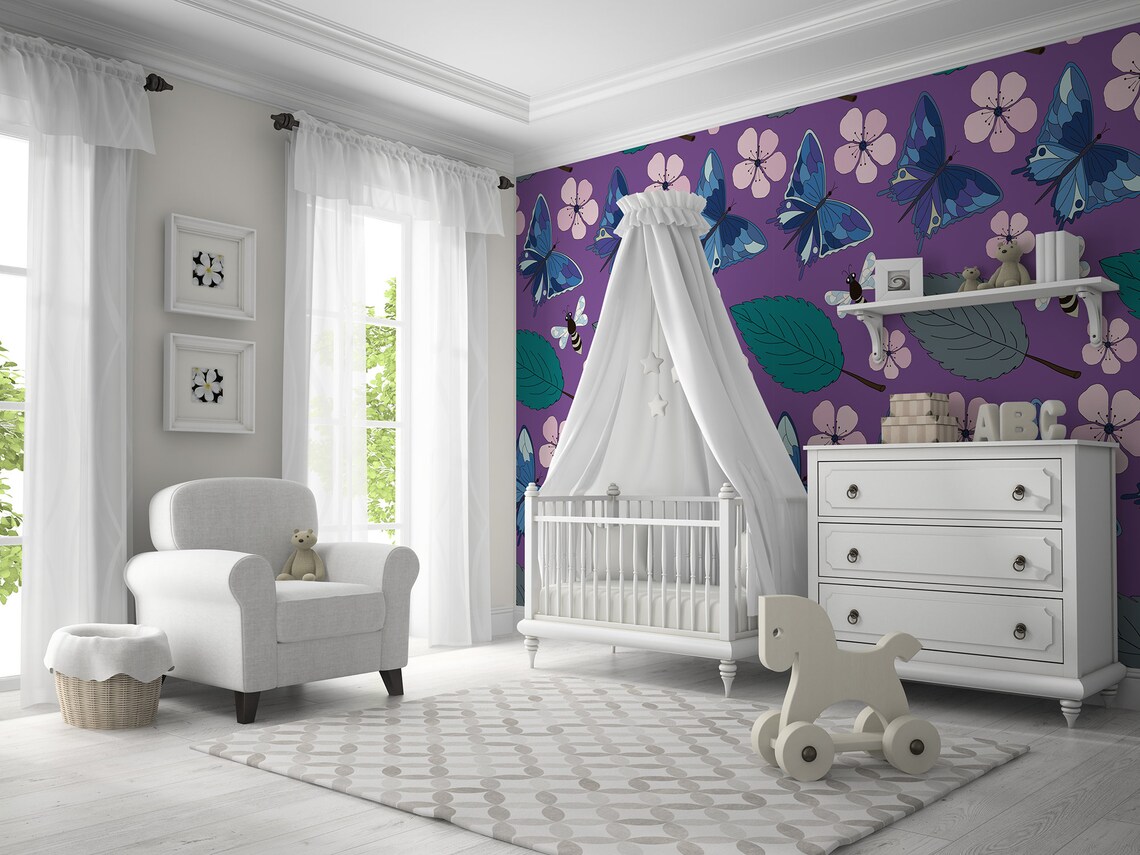 Purple Wallpaper With Butterflies Bees Cherry Flowers and - Etsy