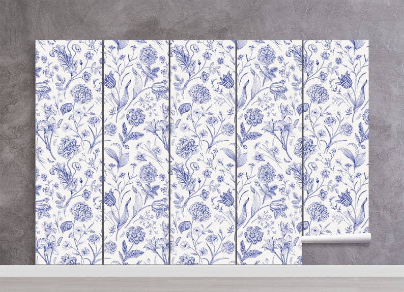 White Wallpaper With Blue Floral Pattern Self Adhesive Peel Etsy