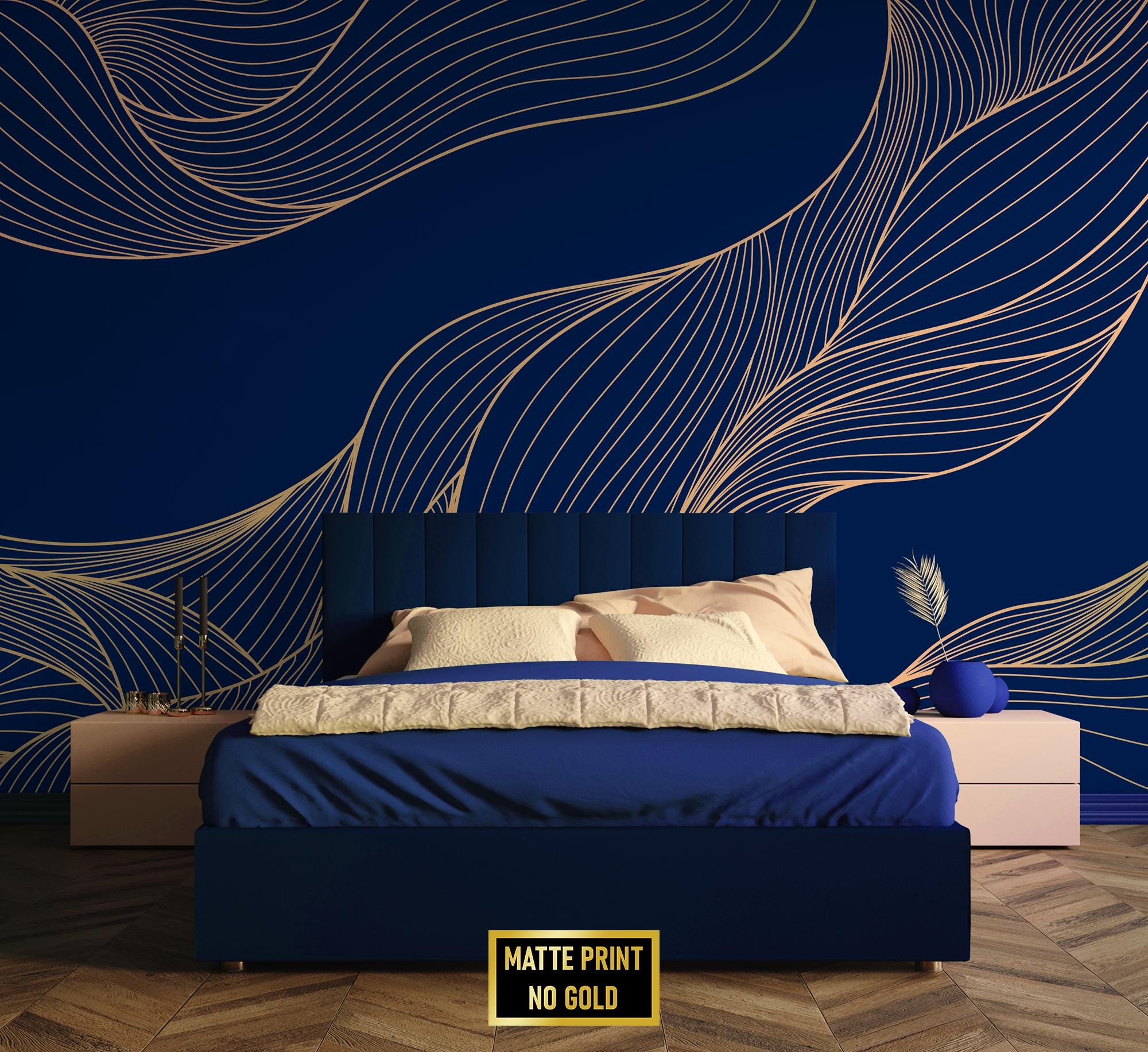 Dunkelblaue Art-Deco-Tapete mit abstraktem, gelbem Wellenmuster • Abziehen und Aufkleben *selbstklebend* oder nicht geklebte Vinylmaterialien •