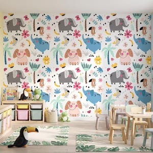 Papel pintado blanco con colorido estampado de animales tropicales, mural para habitación infantil, autoadhesivo o papel vinílico tradicional. imagen 4