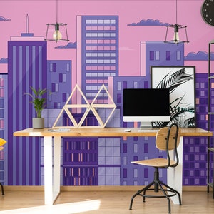 Retro City Purple & Pink Abstract Wall Mural, Urban Landscape Wallpaper • Peel and Stick *self adhesive* or Non-Pasted Vinyl Materials