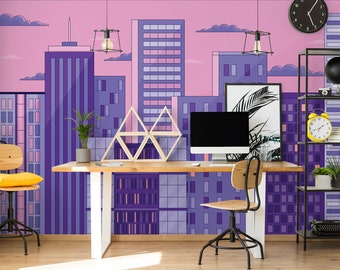 Retro City Purple & Pink Abstract Wall Mural, Urban Landscape Wallpaper • Peel and Stick *self adhesive* or Non-Pasted Vinyl Materials