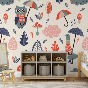 Papel pintado otoñal de dibujos animados con pájaros || Para niños, mural de pared autoadhesivo, despegable y pegado.