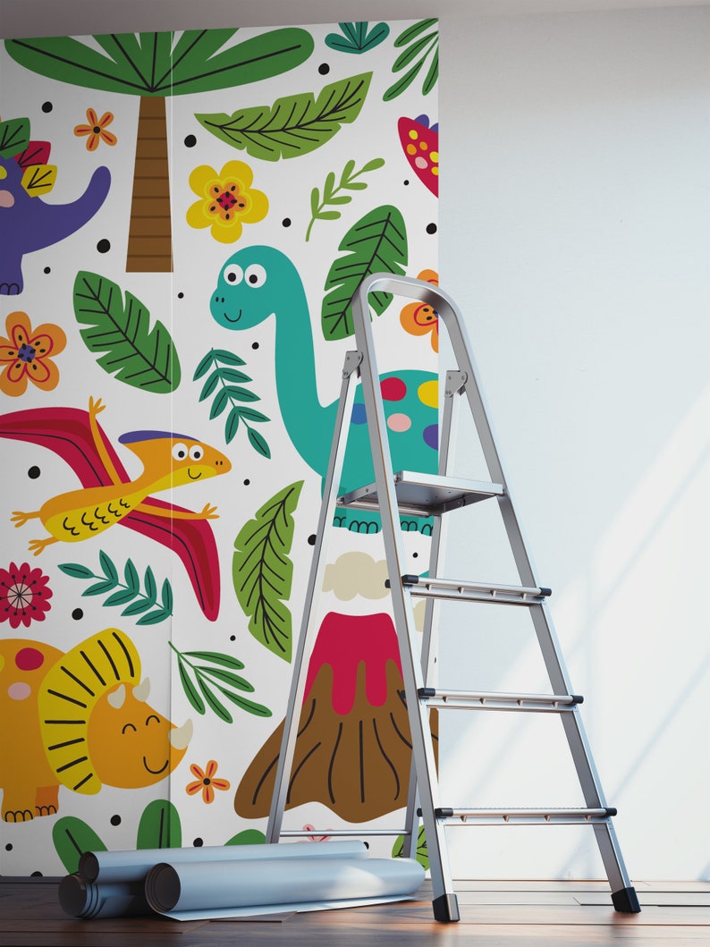May include: A colorful dinosaur themed wallpaper mural with a green, blue, and yellow dinosaur, a red volcano, and green leaves on a white background.