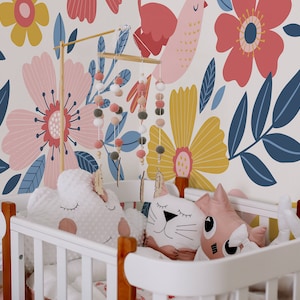 Papel tapiz con estampado de flores y pájaros vectoriales de dibujos animados coloridos || Para niños, mural de pared autoadhesivo, despegable y pegado.