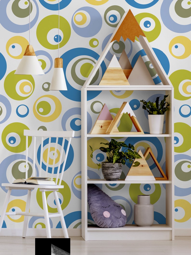 Wallpaper with green and blue circles self adhesive peel and stick wall mural For Kids