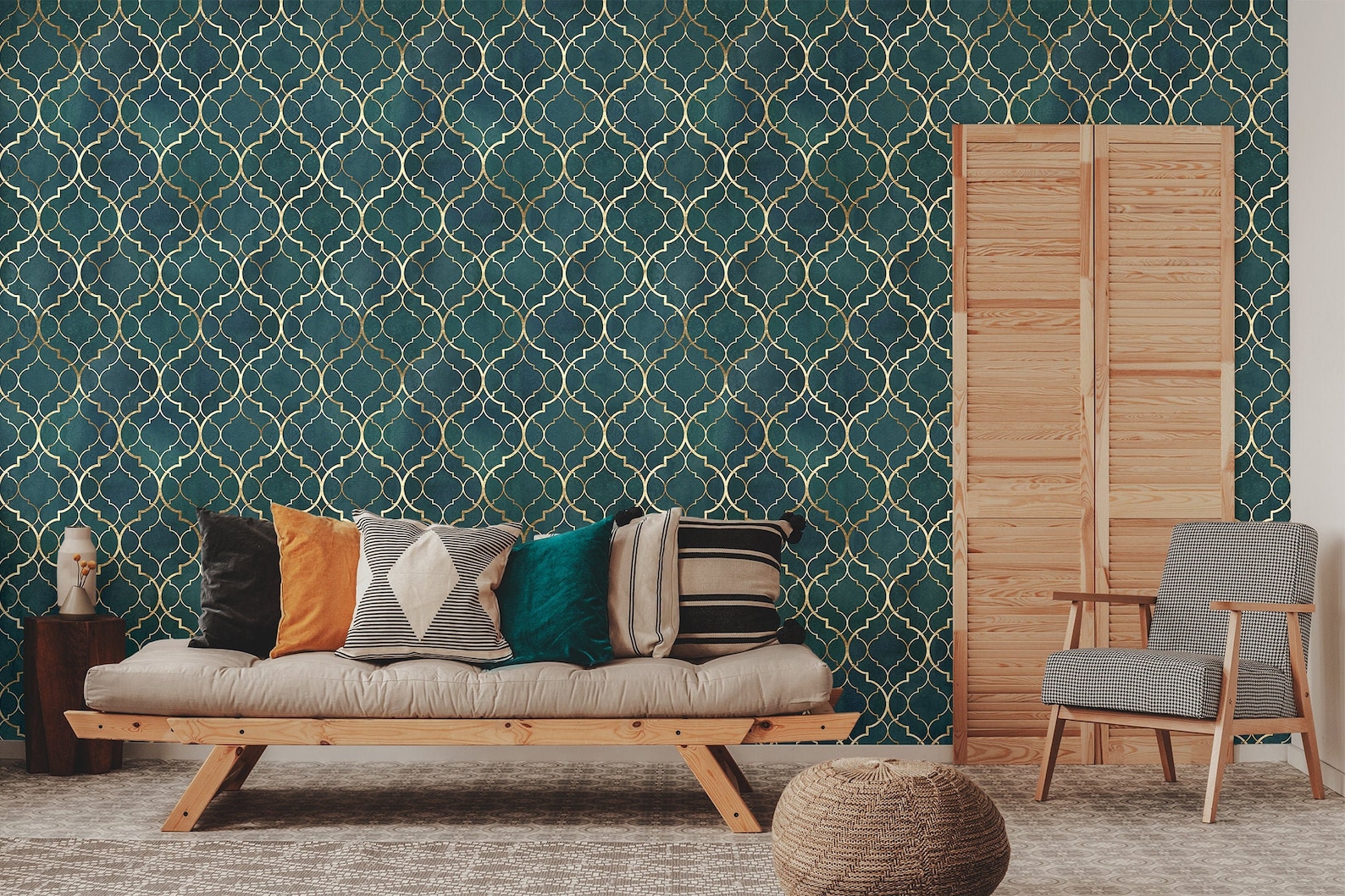 Dark Teal and Gold Damask Pattern Wallpaper no Shiny Effects Etsy