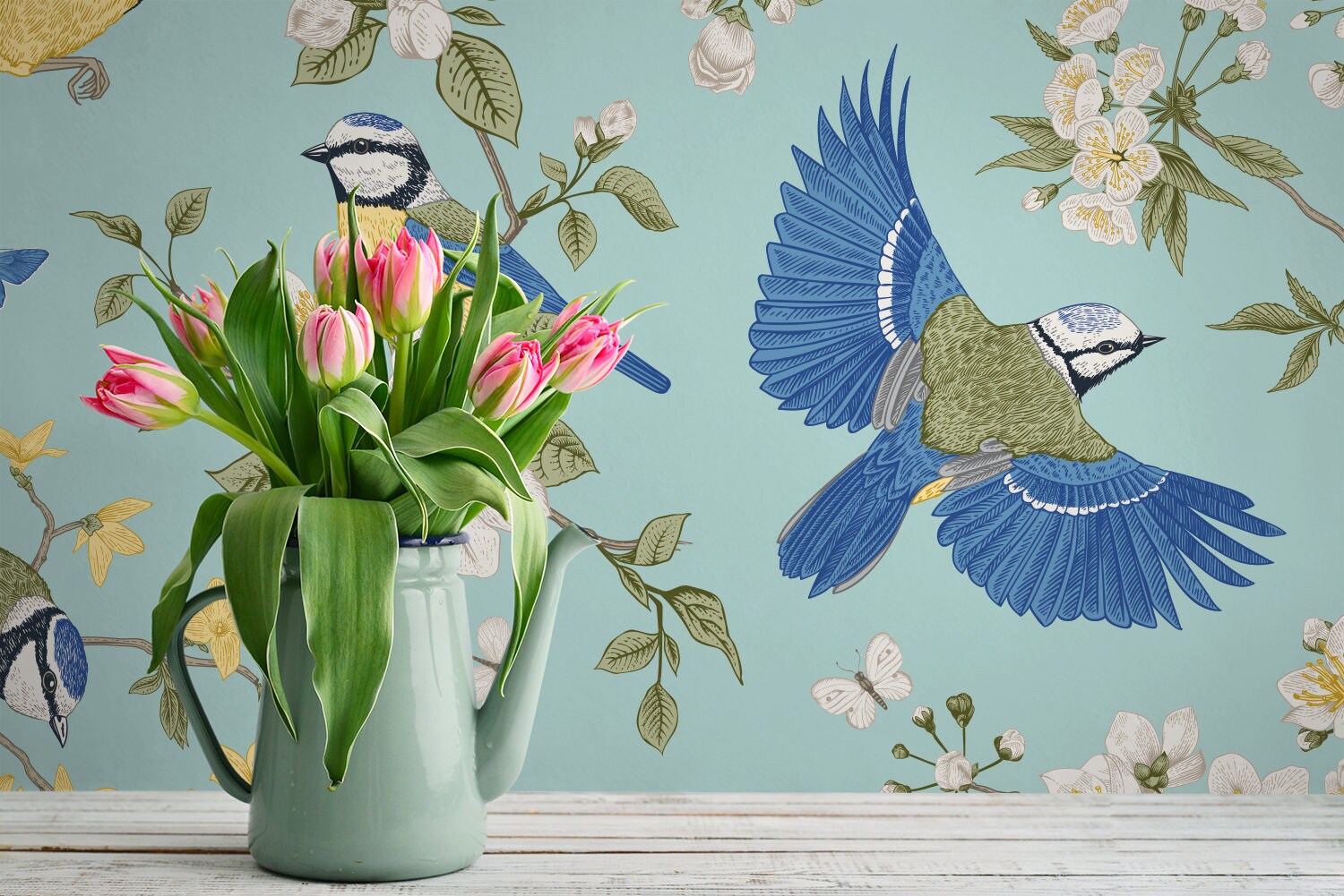 Blue Floral Bird Pattern Wallpaper Peel and Stick Floral Etsy