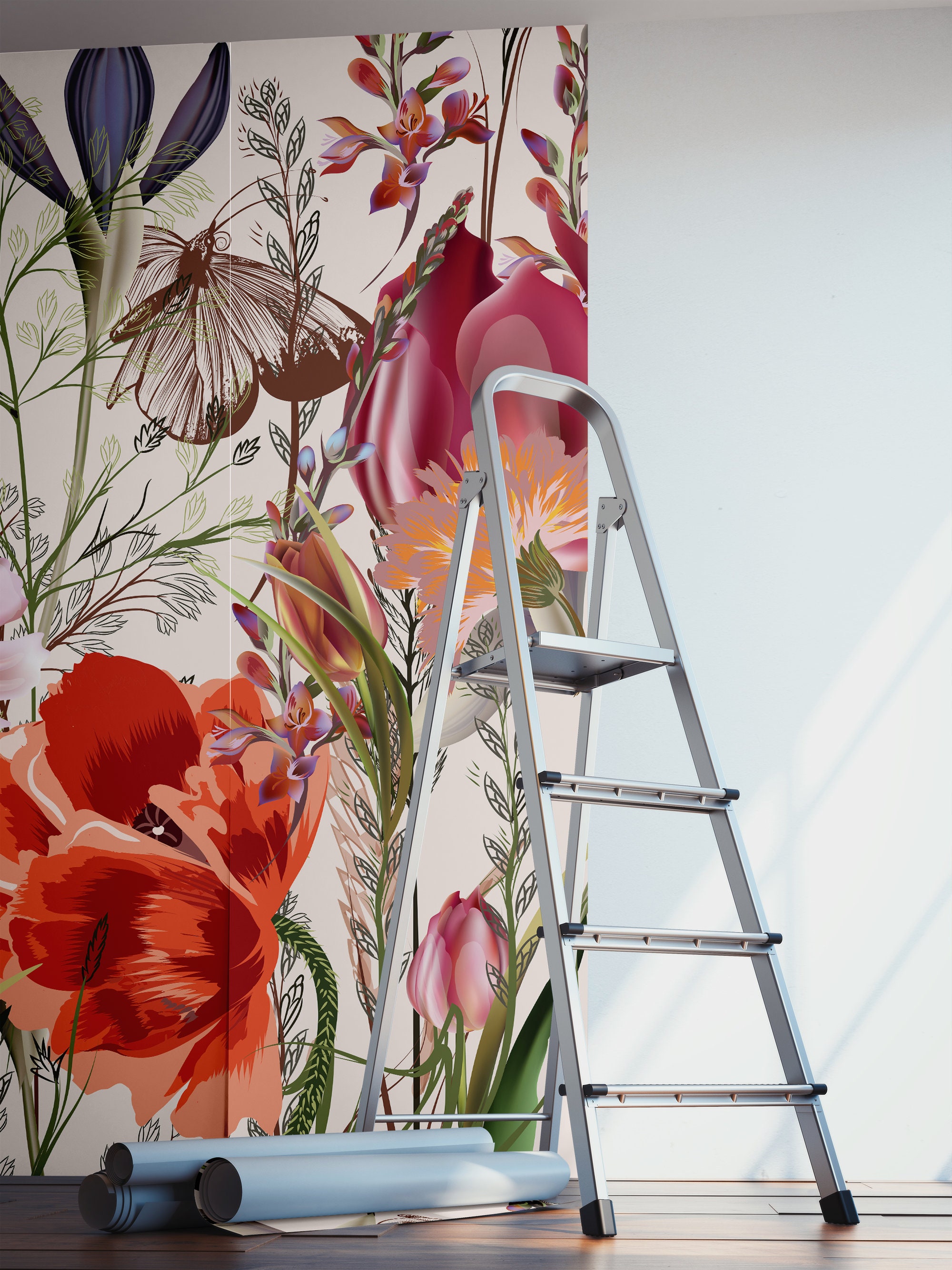 Colorful Floral Meadow Wallpaper || Peel and Stick Floral Wall Mural - Etsy