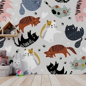 Grijs behang met kleurrijke cartoonkatten || Voor kinderen, zelfklevend, verwijderbaar en plakbaar fotobehang